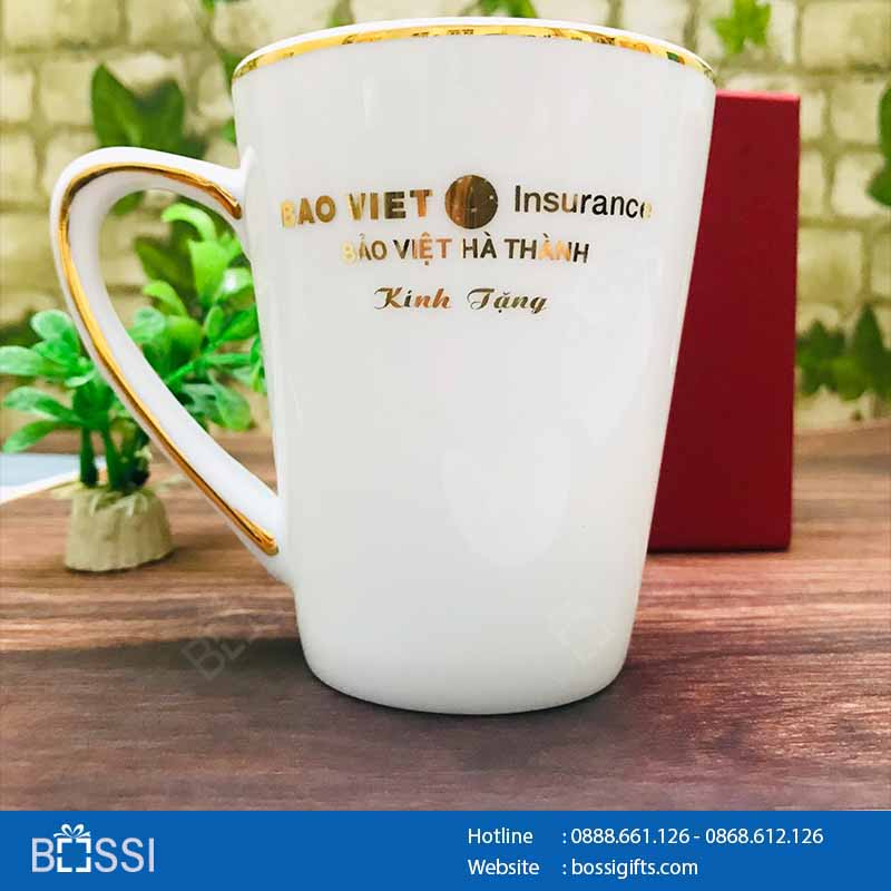 Cốc sứ vẽ vàng 24k dáng cao logo Bảo Việt Insurance